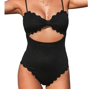 Black Textured Scalloped One Piece Cutout Monokini Swimsuit Women Large